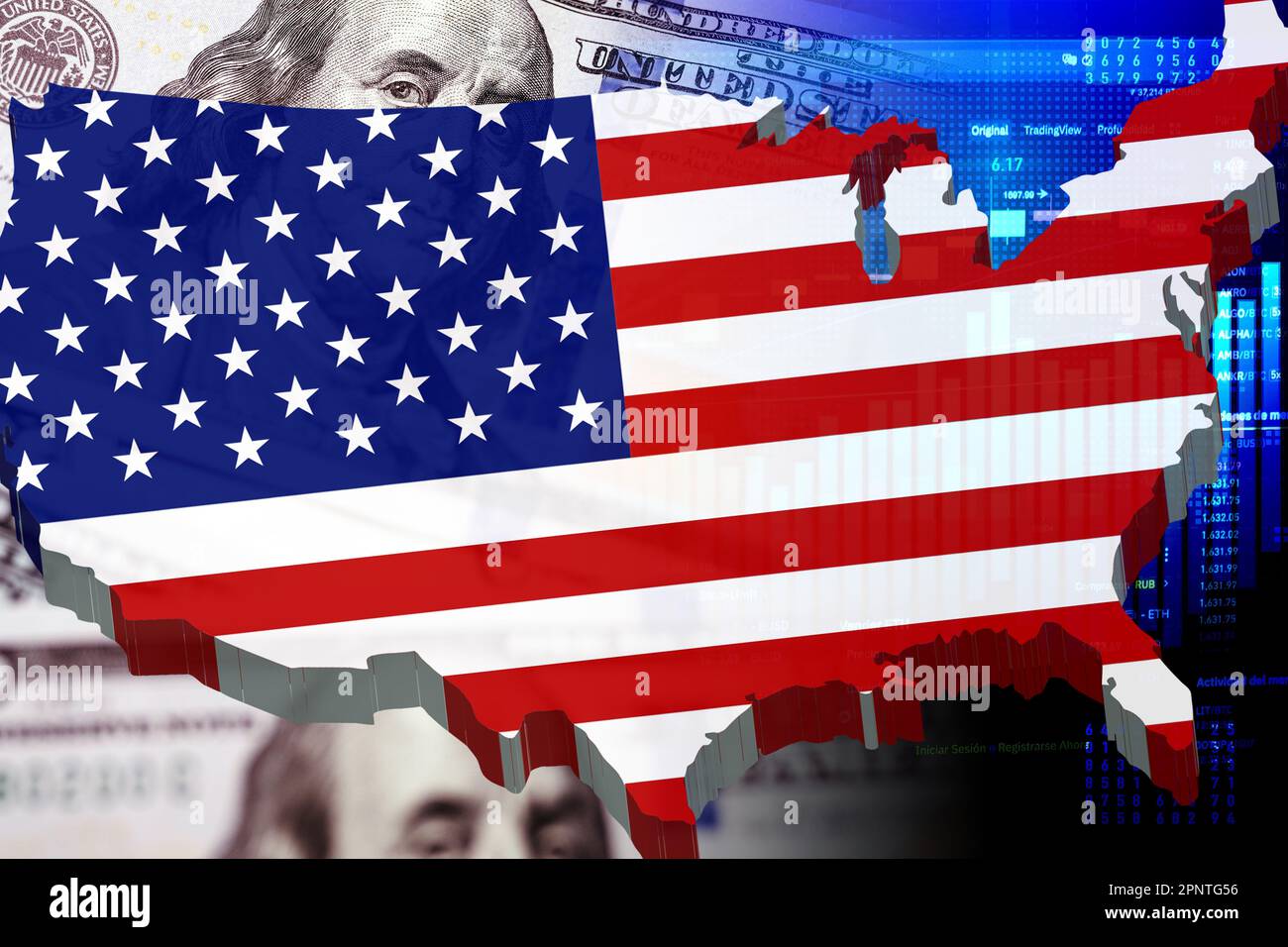 USA map and flag, dollar cash bills and stock market indicators