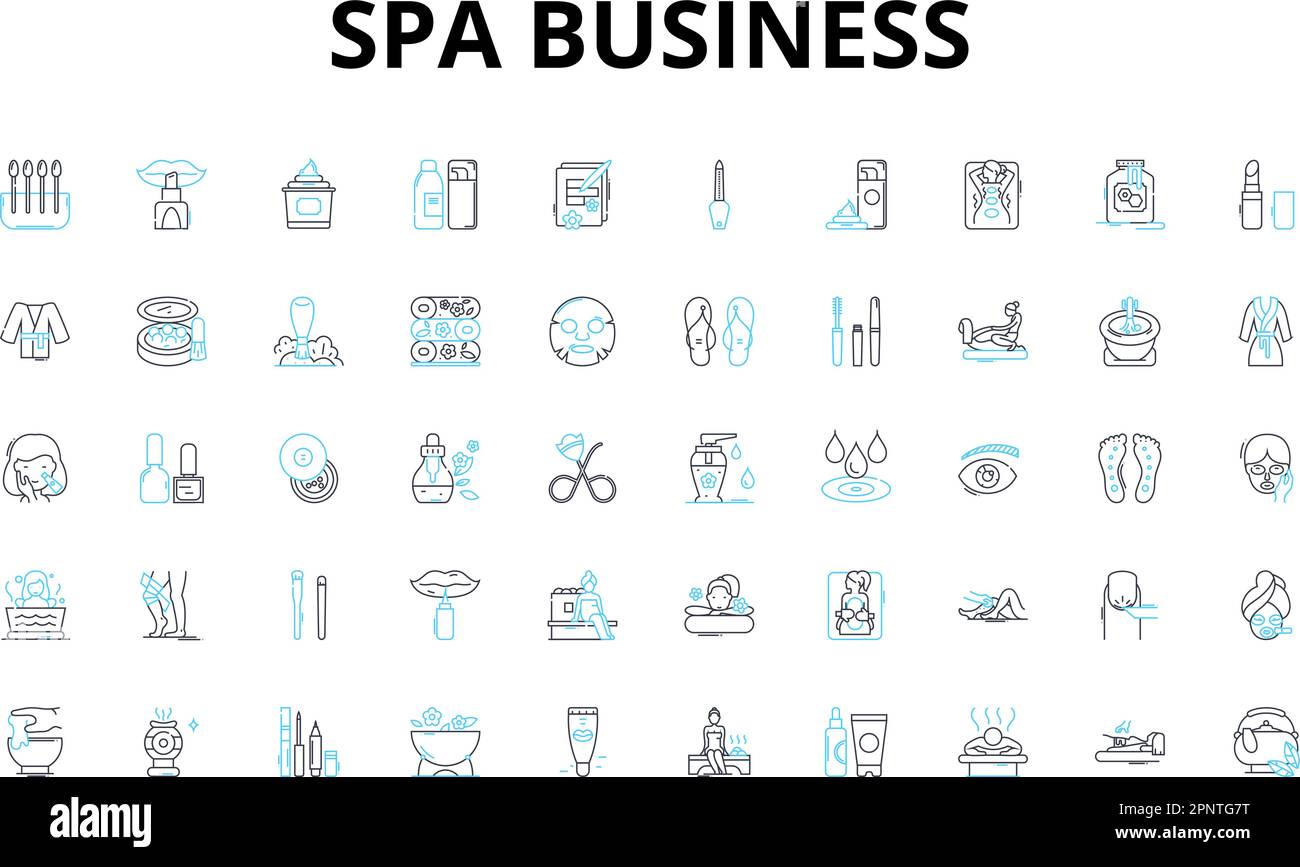 Spa business linear icons set. Relaxation, Pampering, Therapy, Serenity, Massage, Wellness, Aromatherapy vector symbols and line concept signs Stock Vector