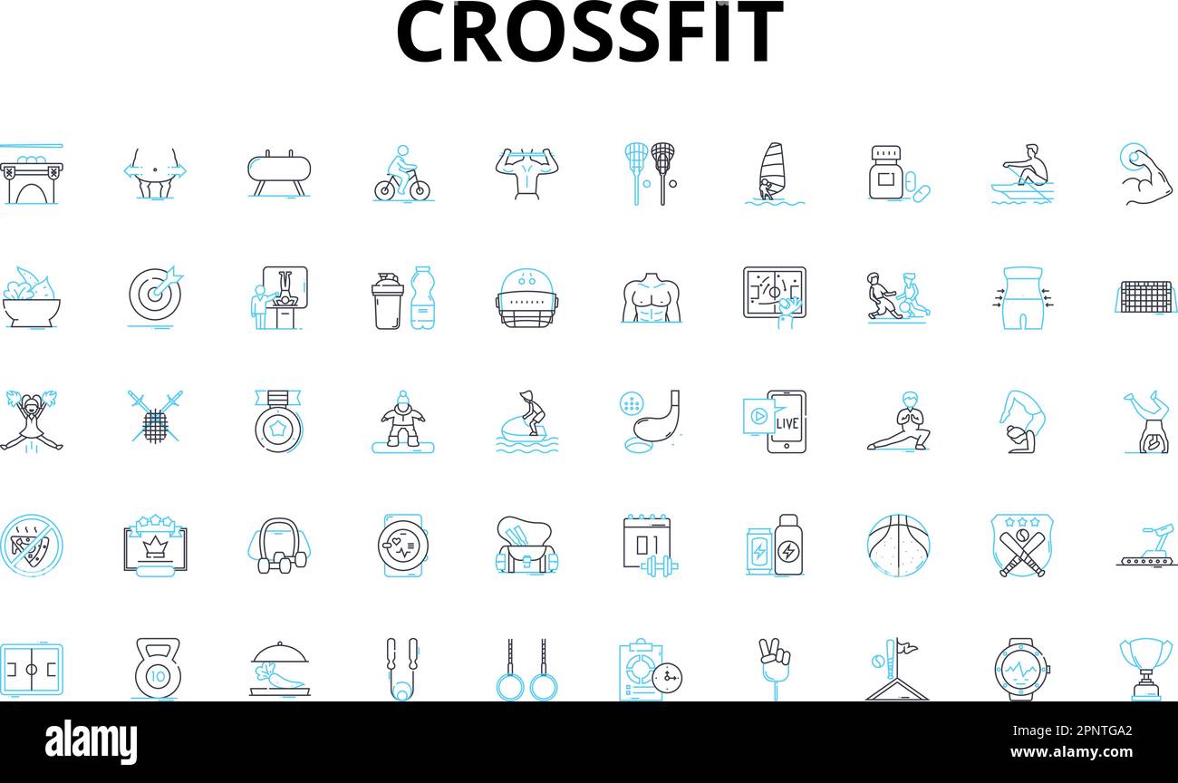 Crossfit linear icons set. WOD, Box, Reps, AMRAP, EMOM, Kipping, Intensity vector symbols and line concept signs. Muscle-ups,Thrusters,Cleans Stock Vector