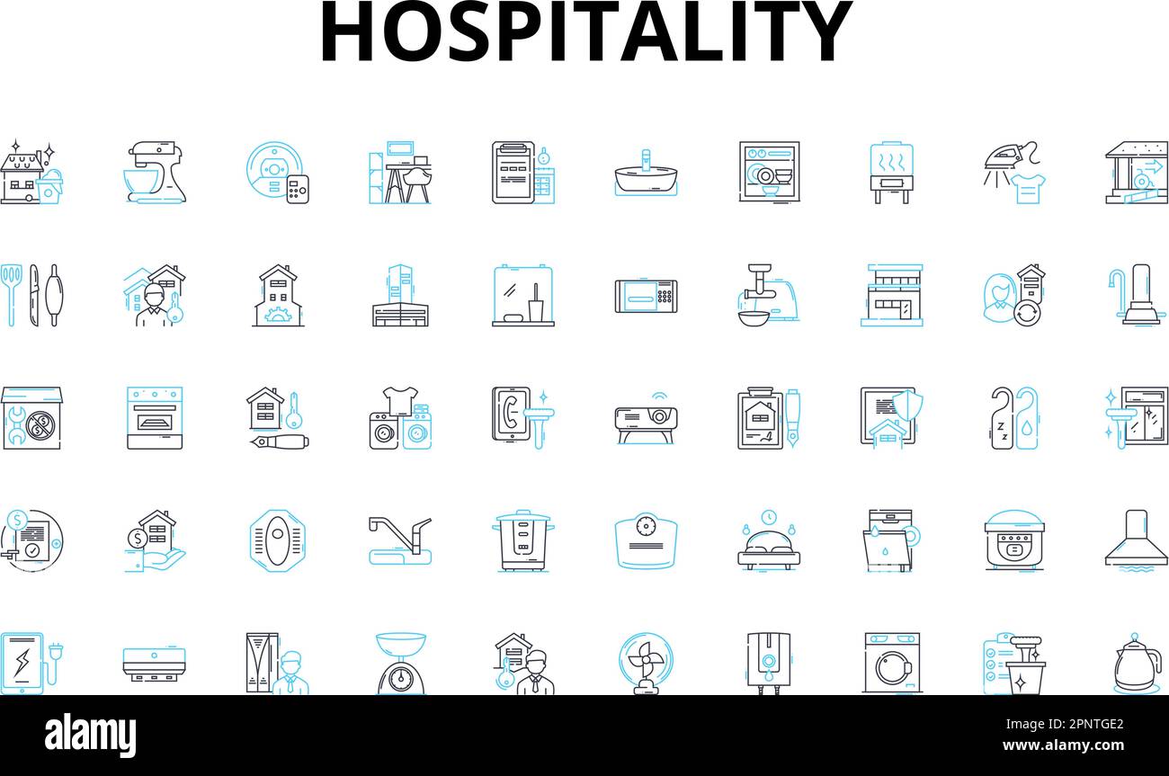 Hospitality linear icons set. Accommodation, Service, Hospitality, Comfort, Experience, Amenities, Welcome vector symbols and line concept signs Stock Vector