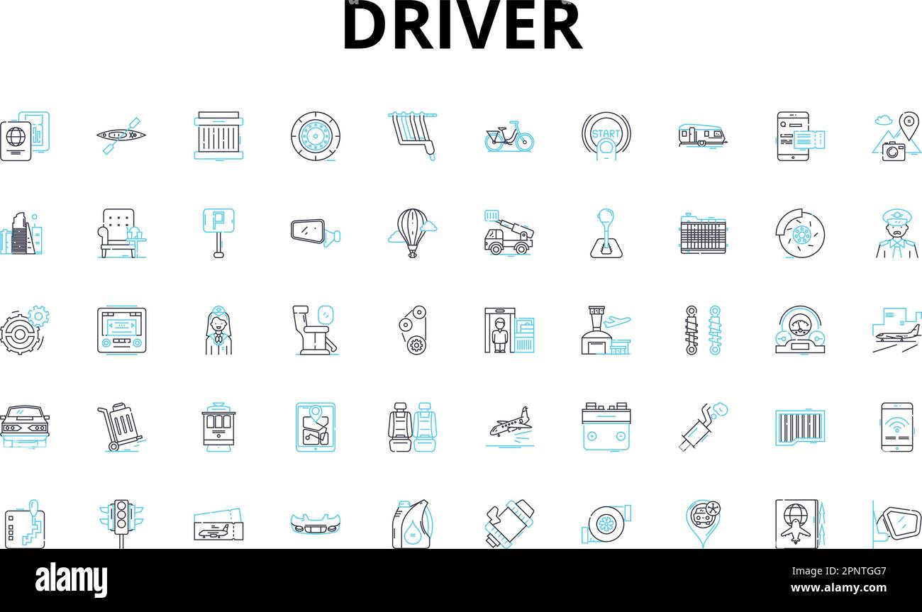 Driver linear icons set. Pedal, Steering, License, Gearbox, Vehicle, Accelerate, Brake vector symbols and line concept signs. Road,Highway,Traffic Stock Vector