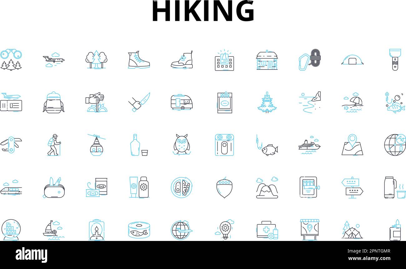 Hiking linear icons set. Trail, Summit, Scramble, Backpack, Trek, Waterfall, Breath-taking vector symbols and line concept signs. Adventure,Explore Stock Vector