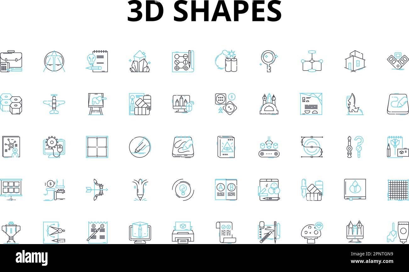 3d shapes linear icons set. Cube, Pyramid, Cylinder, Sphere, C, Tetrahedron, Octahedron vector symbols and line concept signs. Dodecahedron Stock Vector