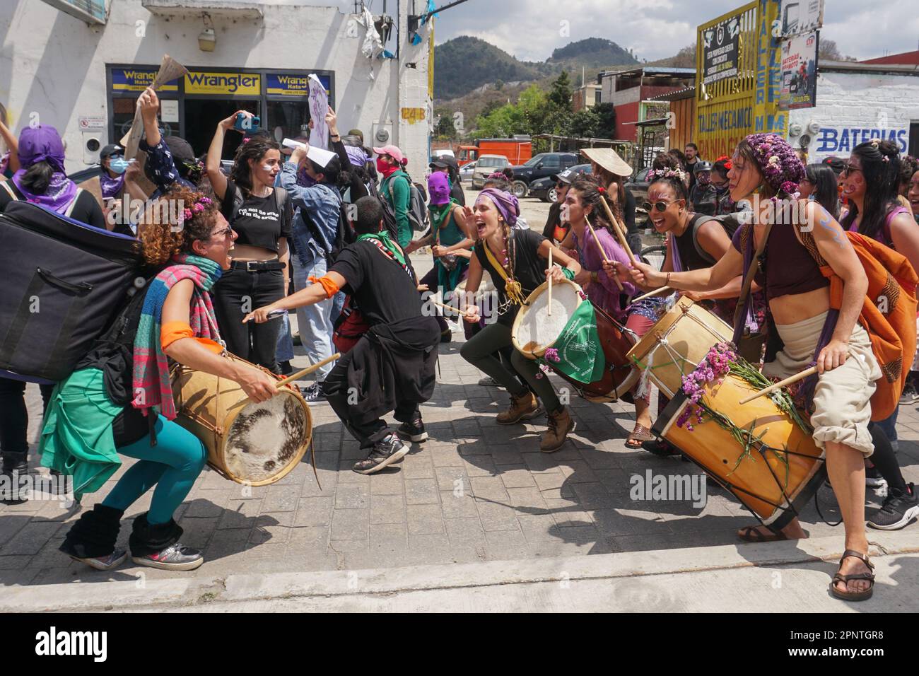 Women play drums during a march on International Women’s Day in San Cristóbal de Las Casas, Chiapas, Mexico on March 8, 2022. (Marissa Revilla/Global Press Journal) Stock Photo