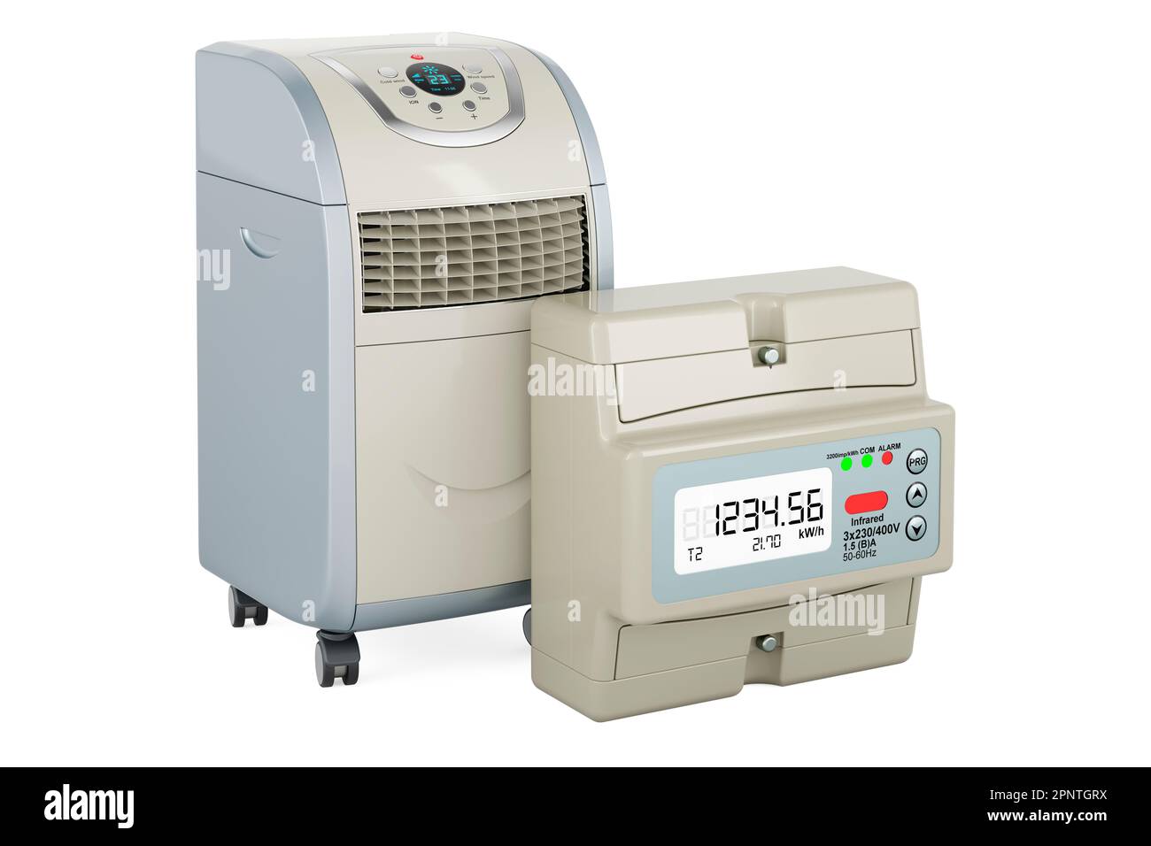 Electric meter with portable air conditioner, 3D rendering isolated on