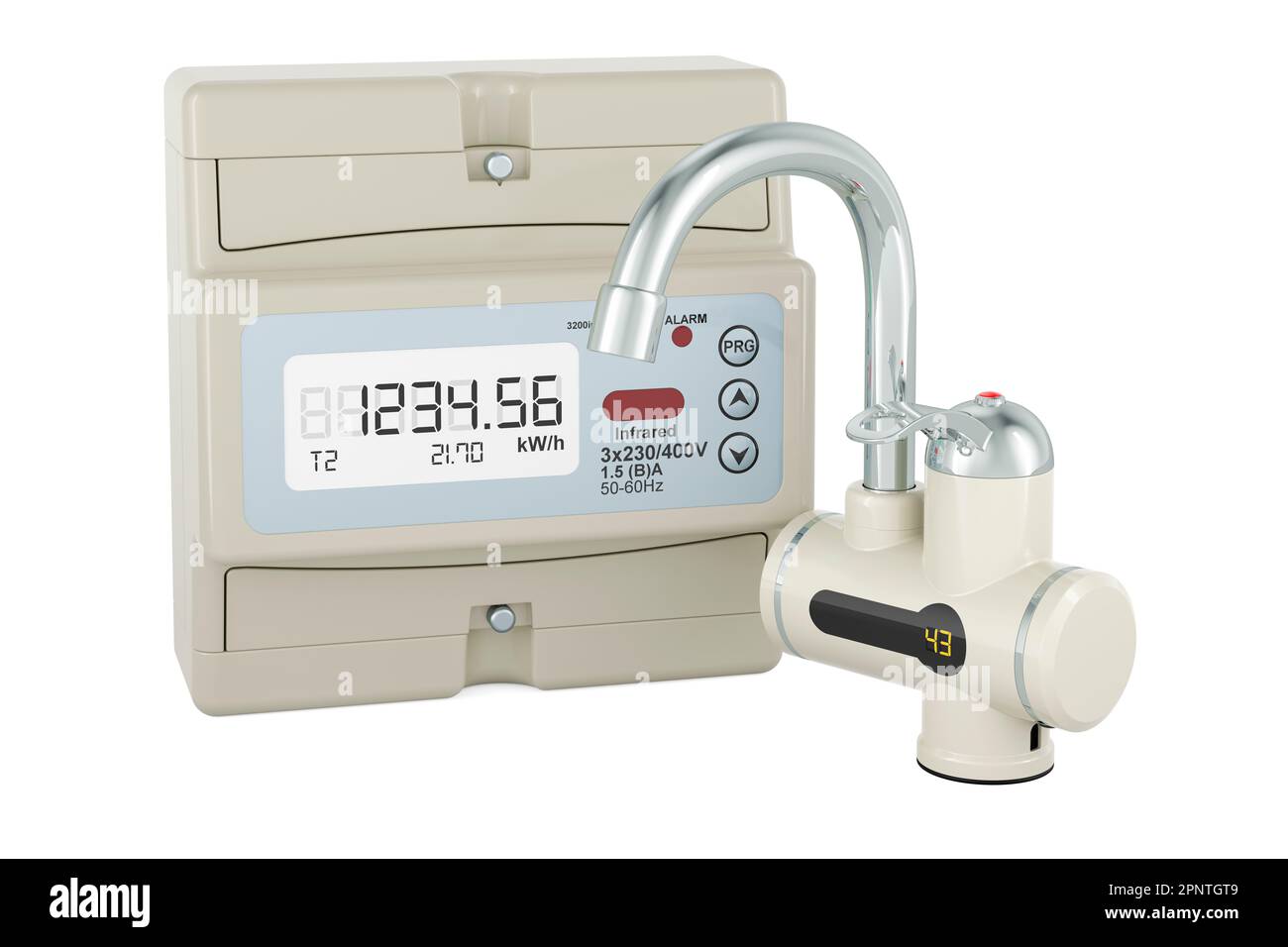Instant electric hot water heater with electric meter, 3D rendering