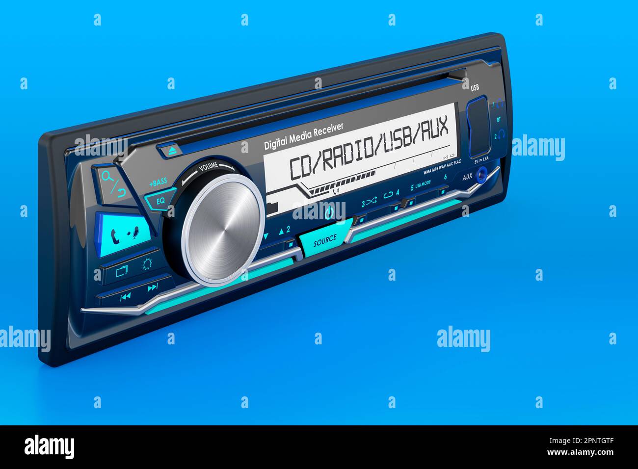 Car digital media receiver on blue backdrop, 3D rendering Stock Photo