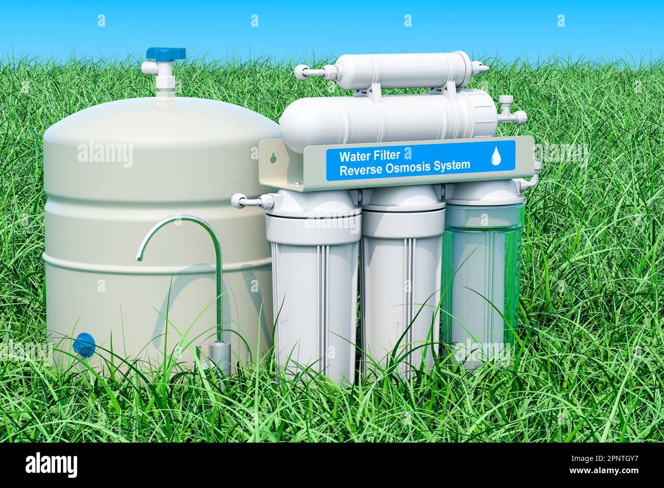 Reverse Osmosis System on the green grass against blue sky, 3D ...