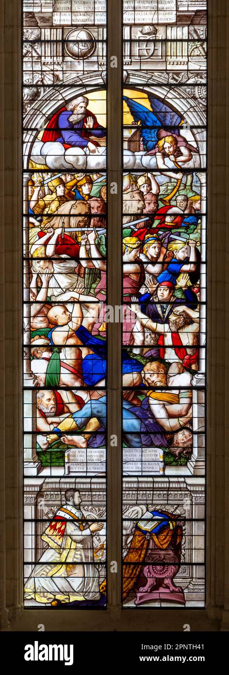 Detail of Bay 1: The Exterminating Angels, stained glass windows, Sainte-Chapelle de Vincennes, the Gothic royal chapel, Paris, France Stock Photo