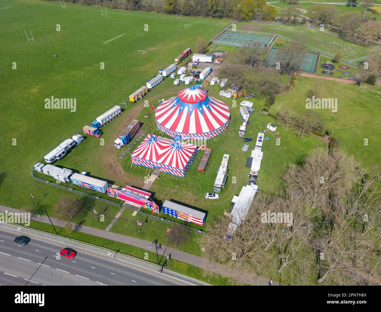 Aerial view of Circus Vegas in the Old Deer Park, Richmond, London, UK