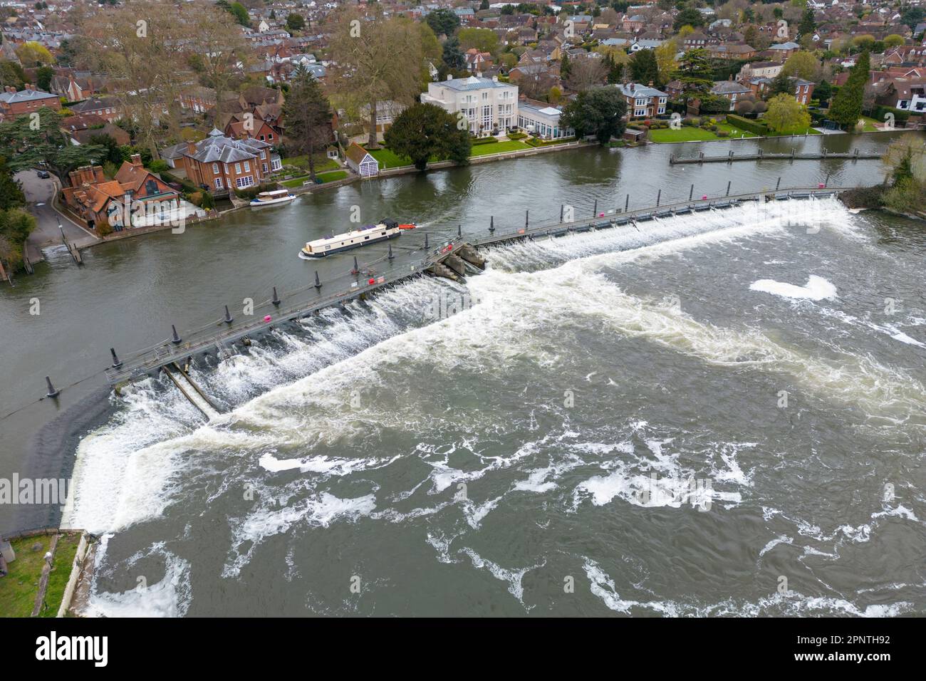 Aerial view of the weir on the River Thames at Marlow, Buckinghamshire