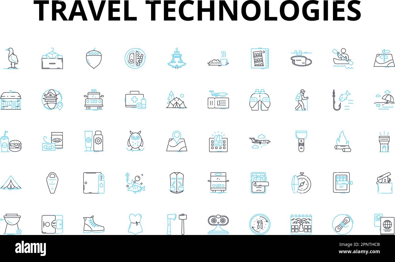 Travel technologies linear icons set. Geolocation, E-ticketing, Virtual ...