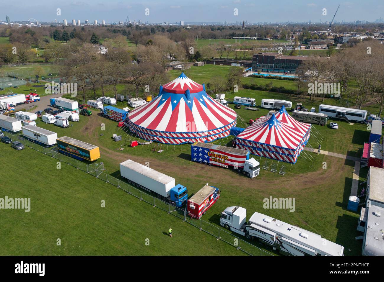 Aerial view of Circus Vegas in the Old Deer Park, Richmond, London, UK