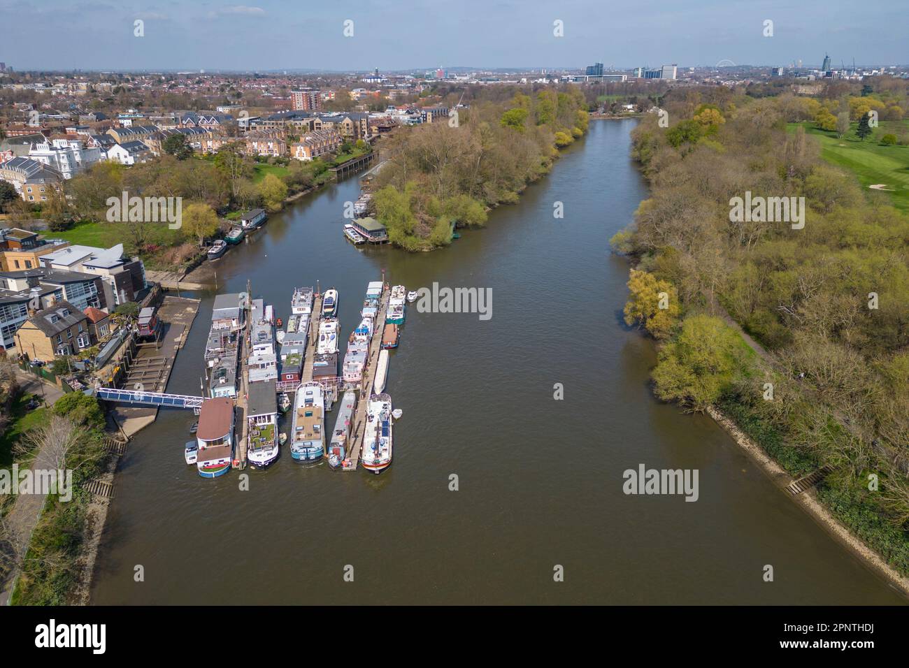 Aerial view of Isleworth Ait on the River Thames in Richmond Upon Thames, UK. Stock Photo