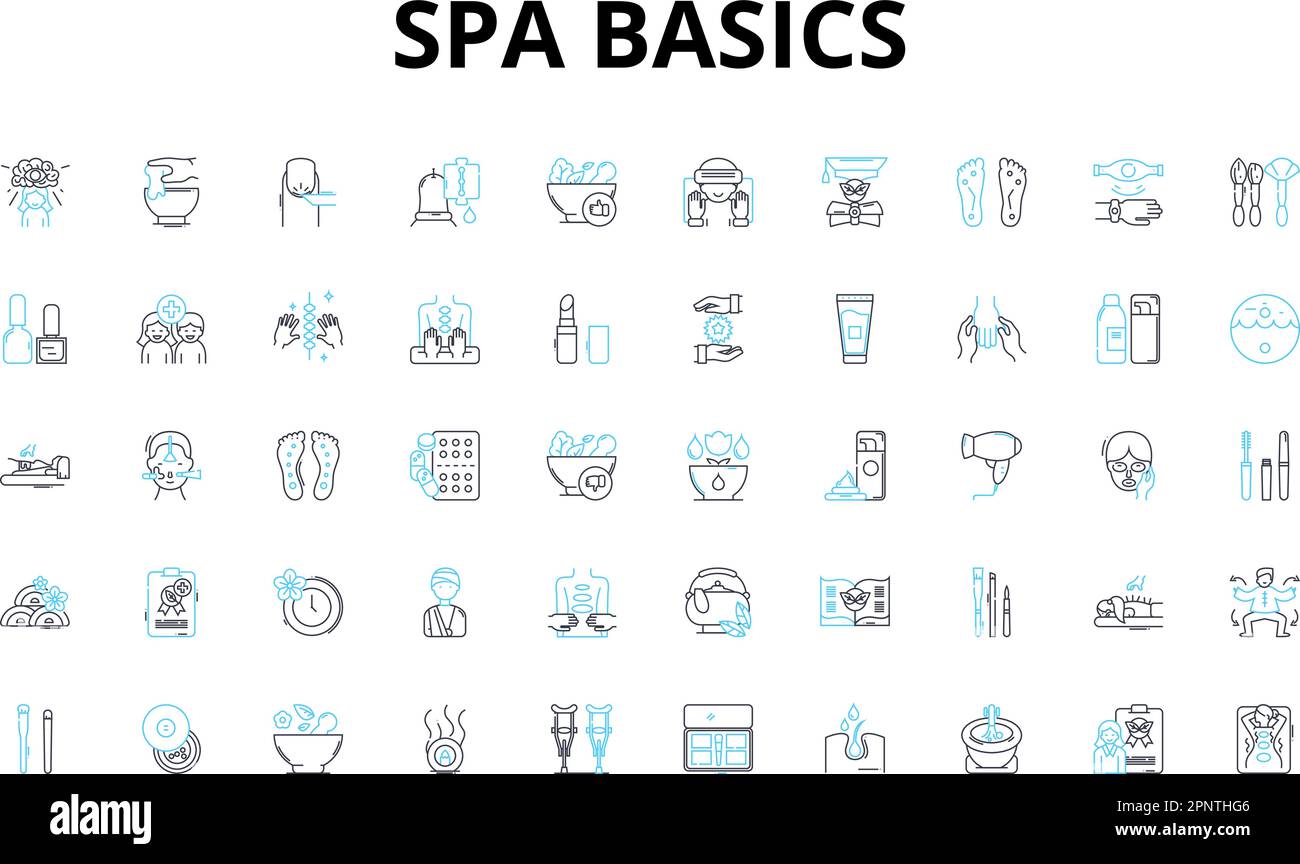 Spa basics linear icons set. Relaxation, Pampering, Massage, Soothing, Aromatherapy, Meditation, Skincare vector symbols and line concept signs Stock Vector