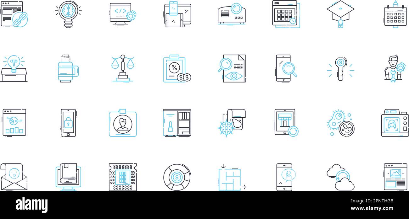 Service quality linear icons set. Excellence, Responsiveness, Consistency, Reliability, Empathy, Professionalism, Timeliness line vector and concept Stock Vector