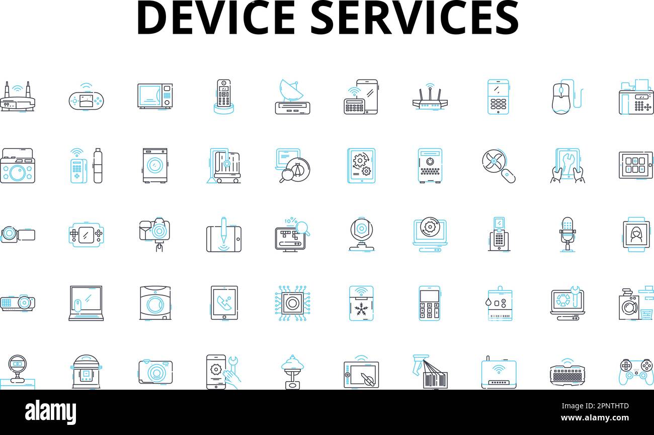 Device services linear icons set. Repairs, Maintenance, Upgrades, Optimization, Diagnostics, Troubleshooting, Configuration vector symbols and line Stock Vector
