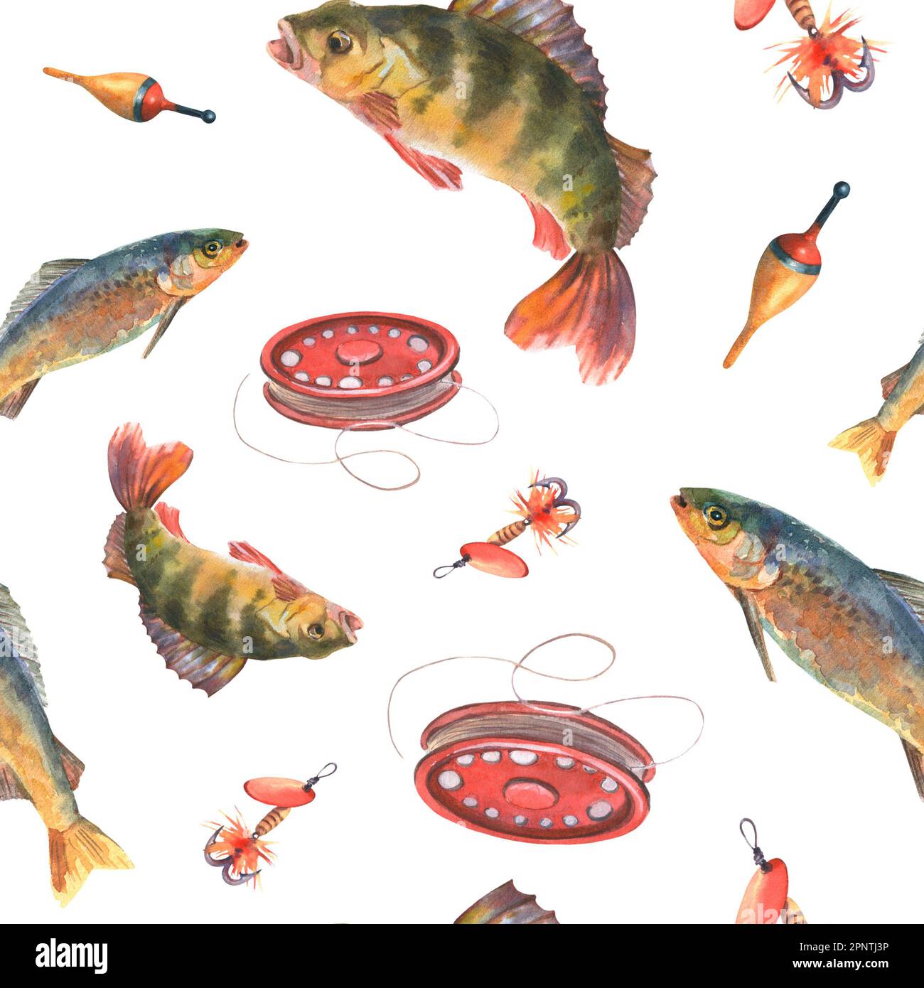 Watercolor seamless pattern with fish and fishing tools on white  background. For design, postcards, stickers, scrapbooking, poster Stock  Photo - Alamy