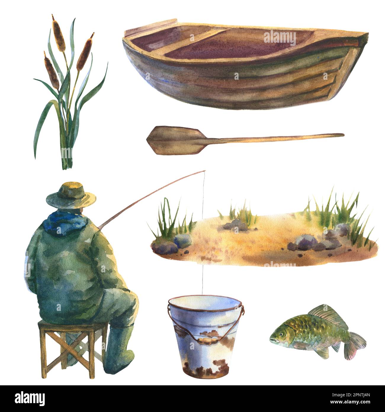 Watercolor illustration, set of the fishing, wooden boat, carp, paddle, fisherman is fishing with a bait, bucket, reed. For designers, scrapbooking Stock Photo