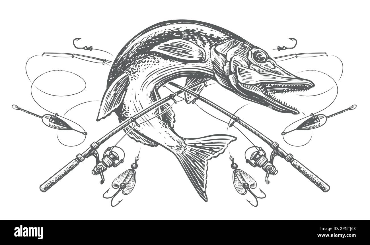 Jumping fish pike and crossed fishing rods with tackle and hooks. Fishing emblem sketch. Engraving vector illustration Stock Vector