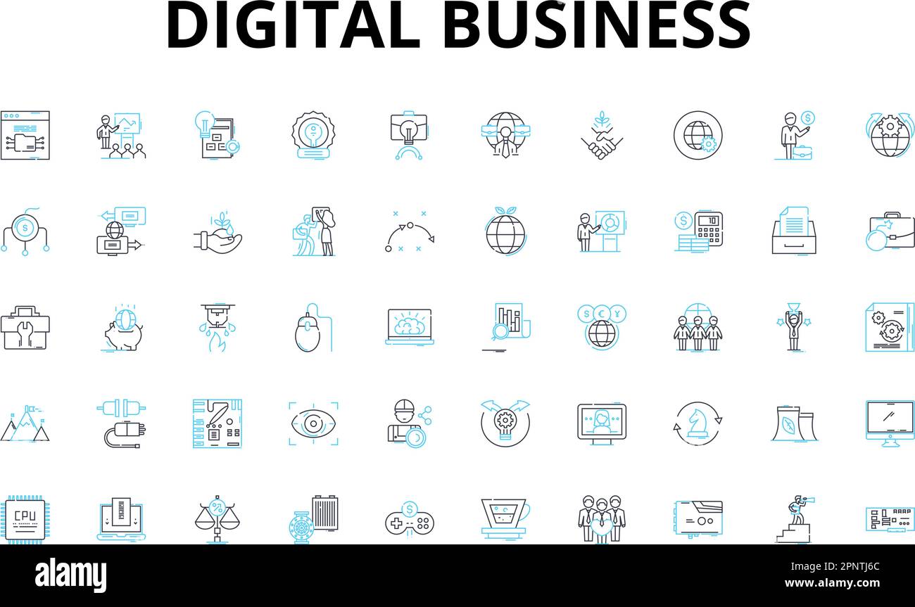 Digital business linear icons set. E-commerce, Innovation, Online, Marketing, Analytics, Cybersecurity, Platform vector symbols and line concept signs Stock Vector