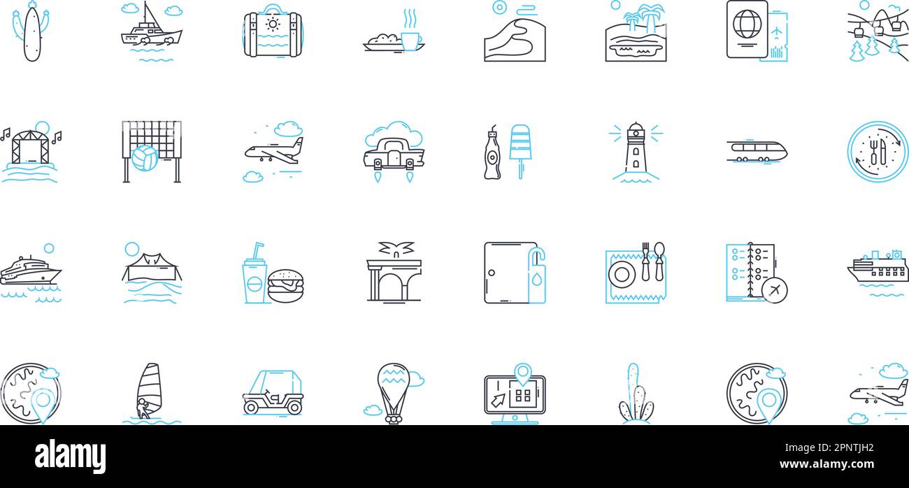 Mountain hikes linear icons set. Scenic, Challenging, Majestic ...