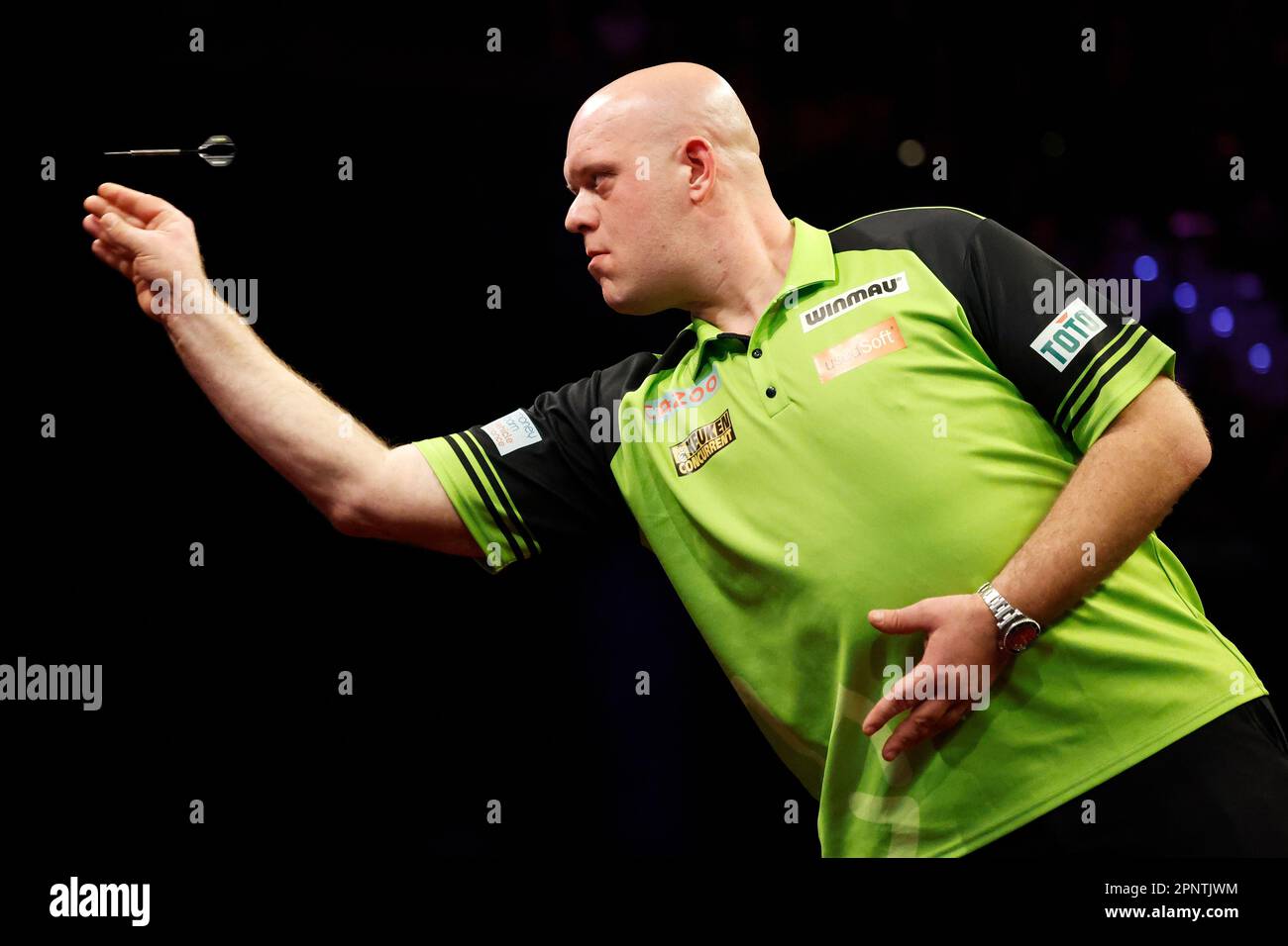Rotterdam, Netherlands. April 20th, 2023. Michael van Gerwen in action  during the 12th round of the Premier League Darts in Ahoy. Credit:ANP/Alamy  Live News netherlands out - belgium out Stock Photo -