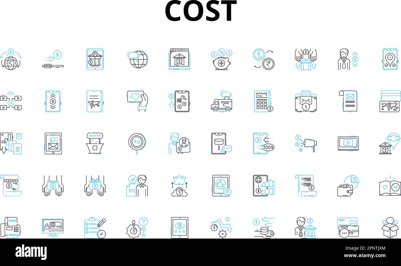 Cost linear icons set. Expense, Budget, Price, Value, Investment, Worth, Account vector symbols and line concept signs. Outlay,Spending,Costliness Stock Vector