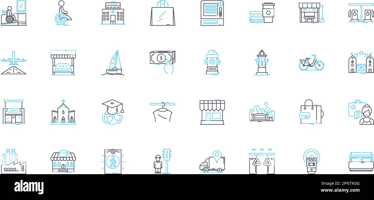 Urban space linear icons set. Gritty, Vibrant, Cosmopolitan, Edgy, Concrete, Hipster, Graffiti line vector and concept signs. Communal,Bustling,Lively Stock Vector