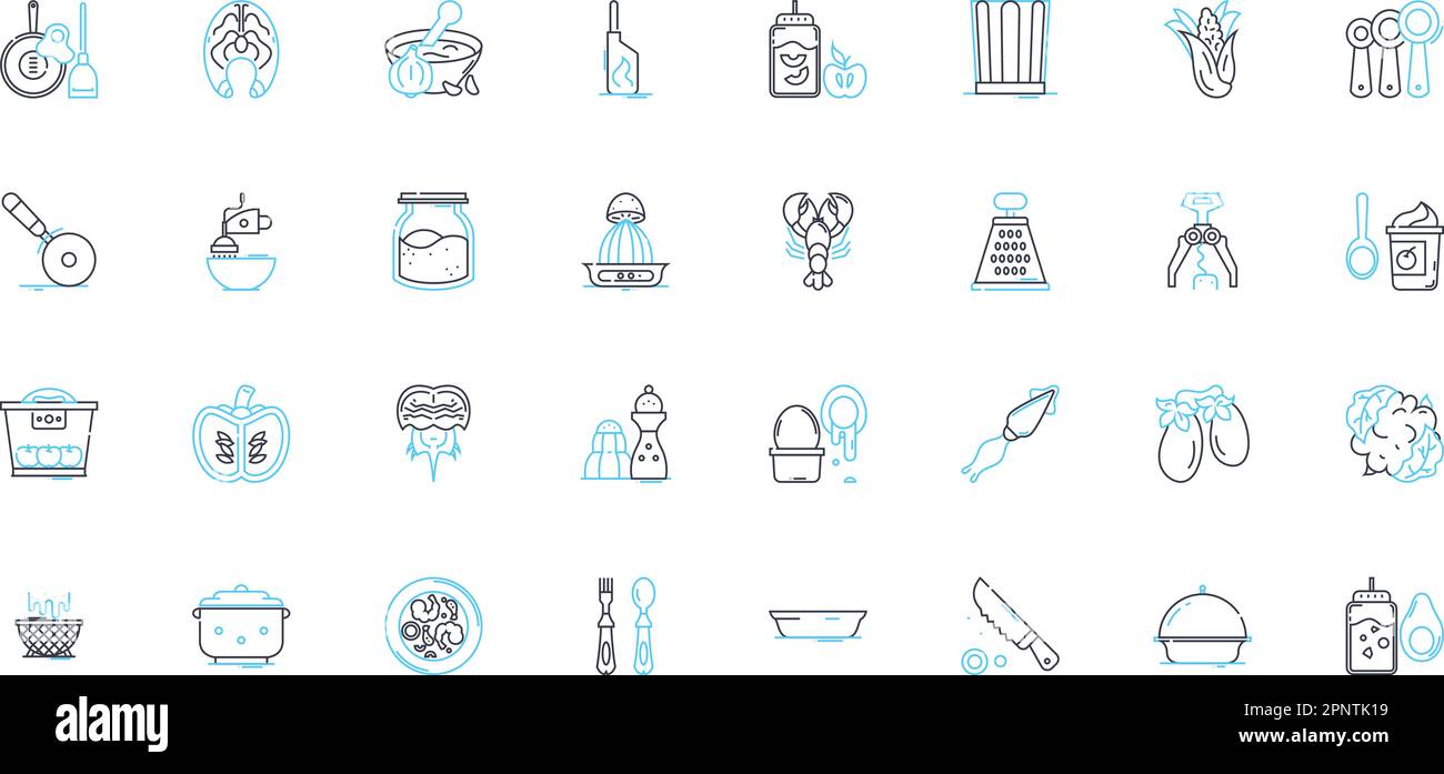 Tableware items linear icons set. Plates, Bowls, Cups, Saucers, Forks, Spoons, Knives line vector and concept signs. Napkins,Placemats,Coasters Stock Vector