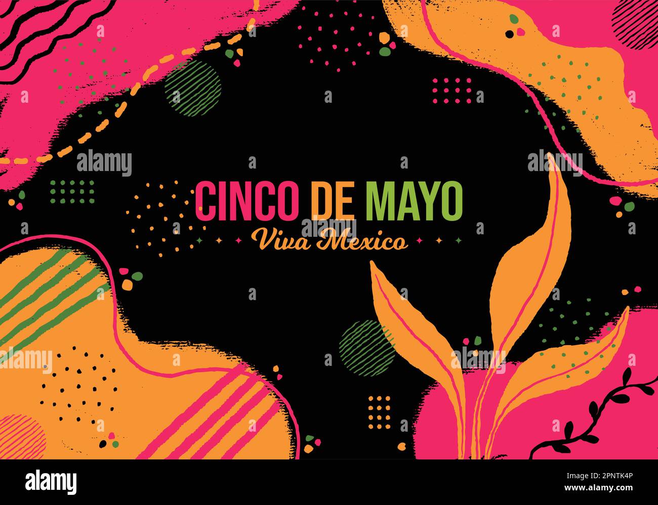 Cinco de Mayo Horizontal Colorful Background vector illustration. May 5 Mexico festival holiday. Floral Folk art and Memphis Neon fusion. Website Stock Vector