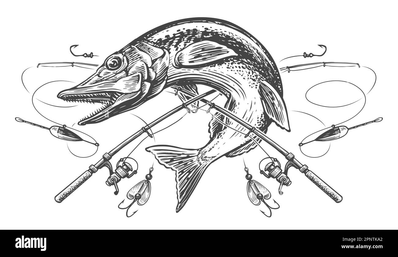 Fish pike and fishing rods with tackle and hooks. Sport fishing emblem sketch. Engraving illustration Stock Photo