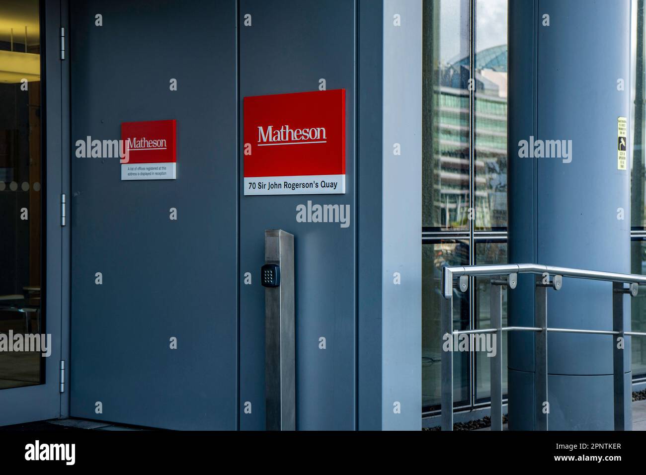 The offices of Matheson, on Sir John Rogerson’s Quay in Dublin, A law firm dealing with international companies doing business to and from Ireland. Stock Photo