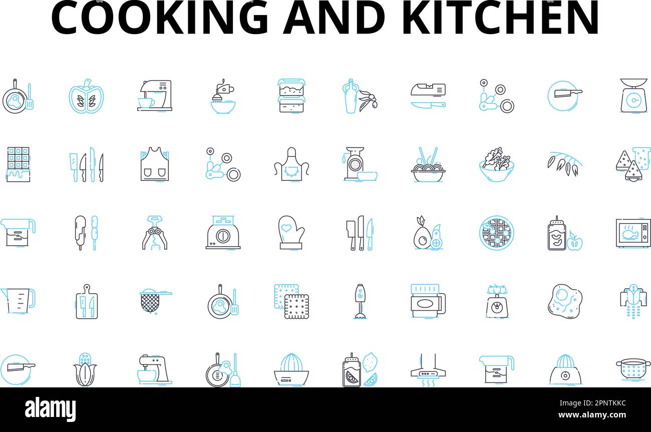 Cooking and kitchen linear icons set. Whisk, Grate, Bake, Saute, Simmer, Boil, Roast vector
