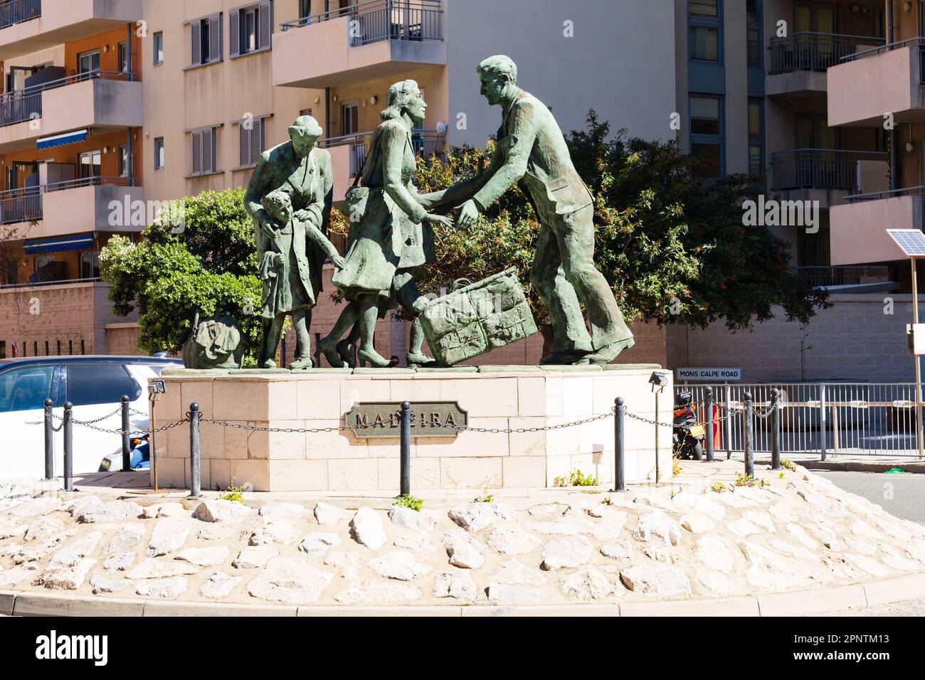 Evacuation of the Gibraltarians bronze statue by Jill Cowie Sanders. North Mole road roundabout. The British Overseas Territory of Gibraltar, the Rock Stock Photo