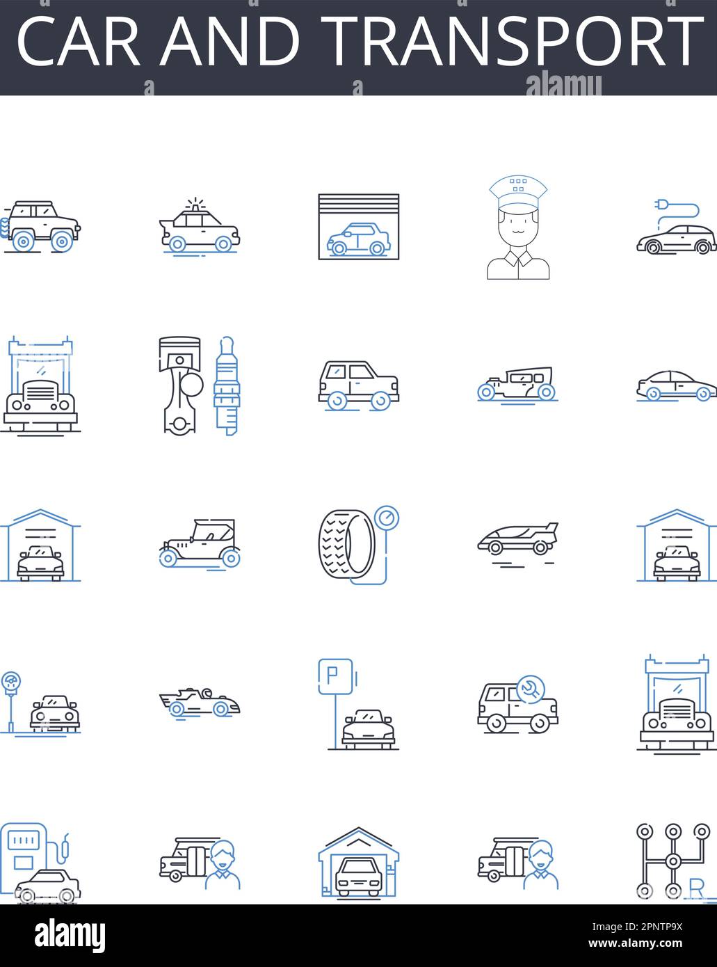 Car and transport line icons collection. Automobile, Vehicle, Truck, Van, Bus, Bike, Motorcycle vector and linear illustration. Scooter,Trailer,Camper Stock Vector