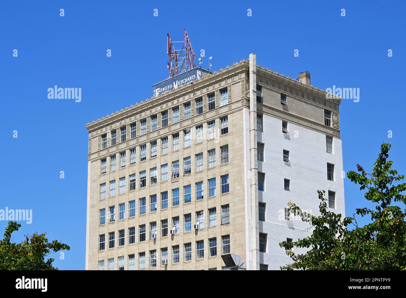 LONG BEACH, CALIFORNIA - 19 APR 2023: The Farmers and Merchants Bank Building in Pine Avenue in Downtown Long Beach. Stock Photo