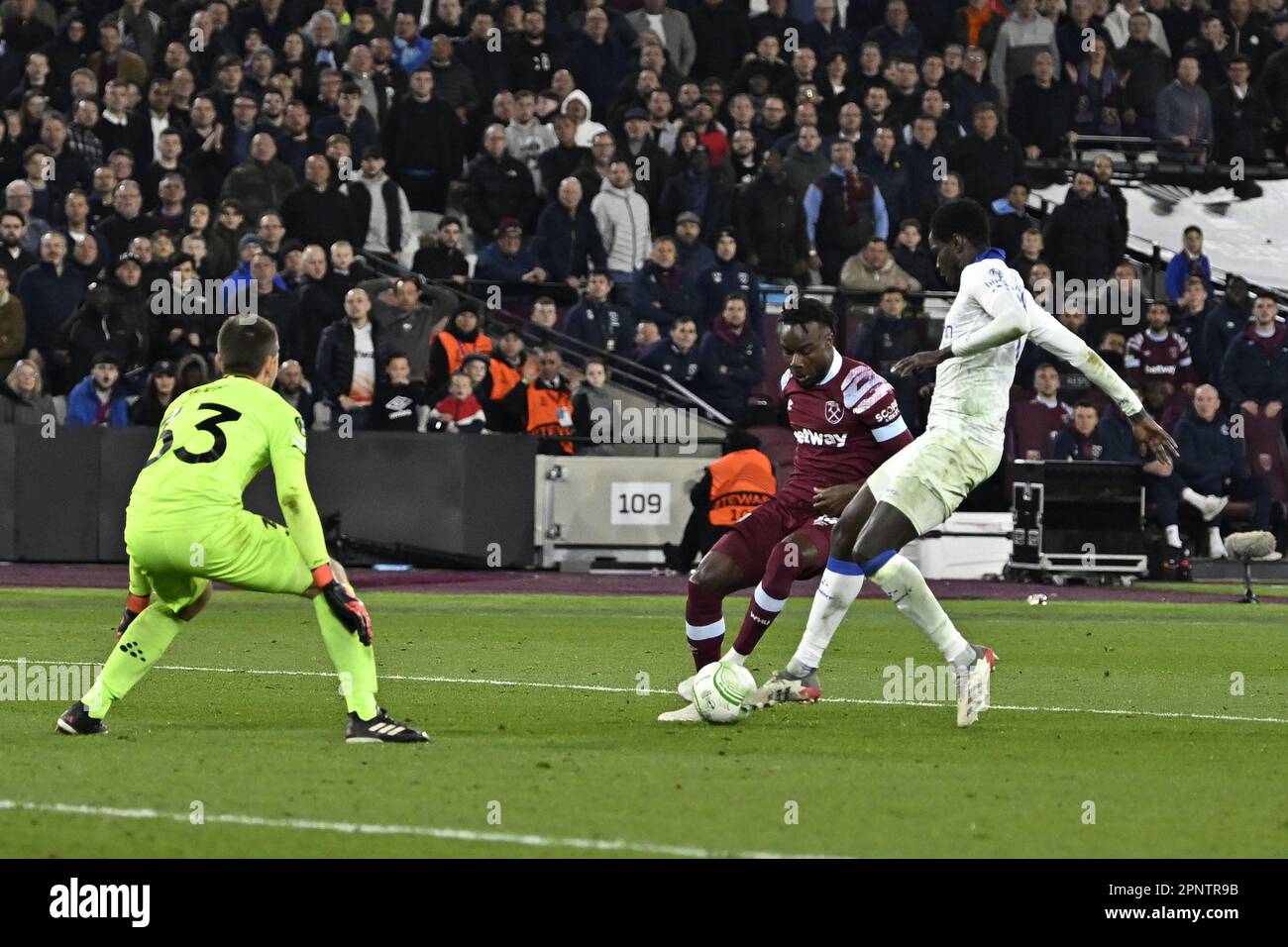 London, UK. 20th Apr, 2023. Maxwell (West Ham) has a shot during the West Ham vs KAA Gent