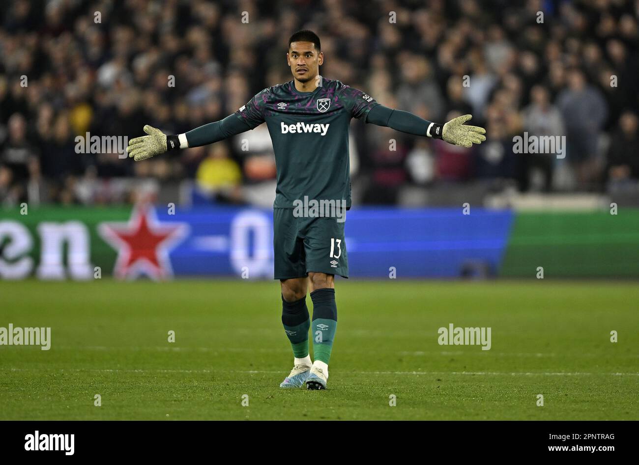 London, UK. 20th Apr, 2023. Alphonse Areola (West Ham, goalkeeper) holds his hands wide during