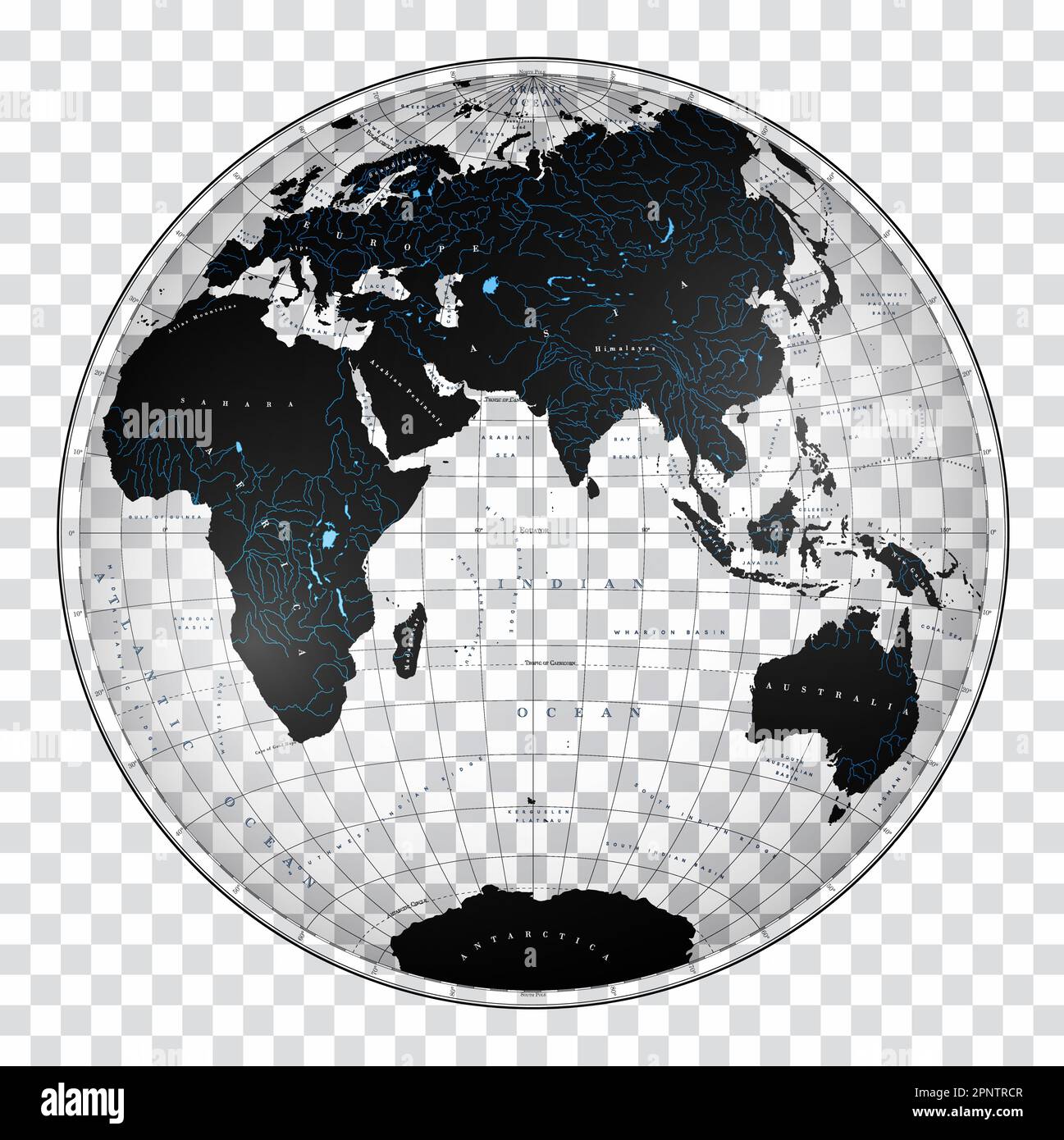 Transparent World Map in globe shape of Earth. Nicolosi globular