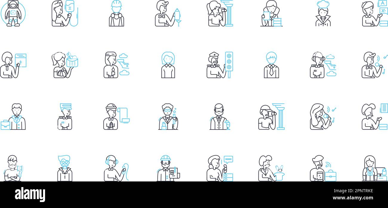 Pseudonyms linear icons set. Alias, Pen name, Nom de plume, Fake name, Alter ego, Incognito, Screen name line vector and concept signs. Nickname,Stage Stock Vector