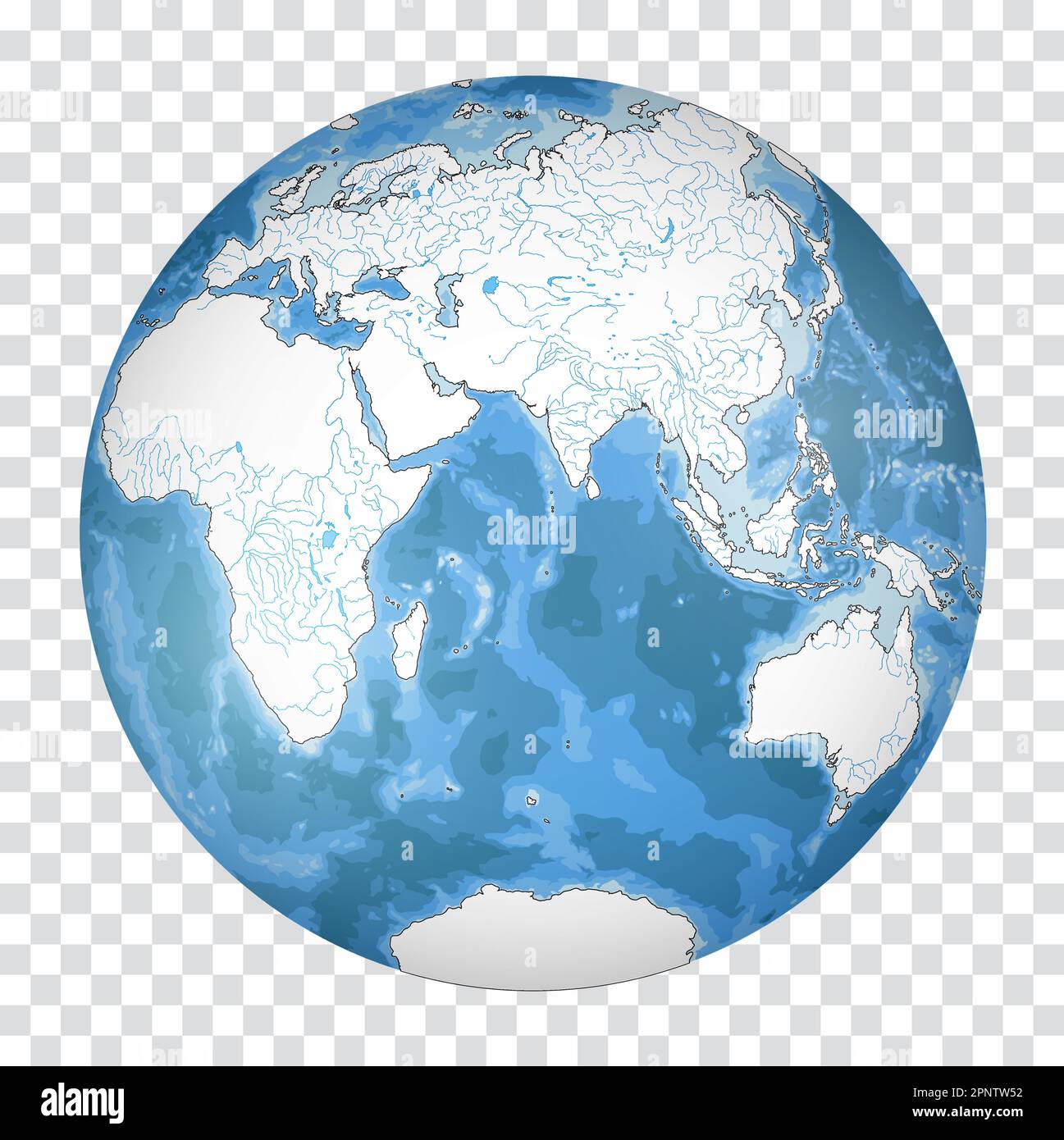 Highly detailed World Map silhouette in globe shape of Earth. Nicolosi globular projection – 3D. Stock Vector