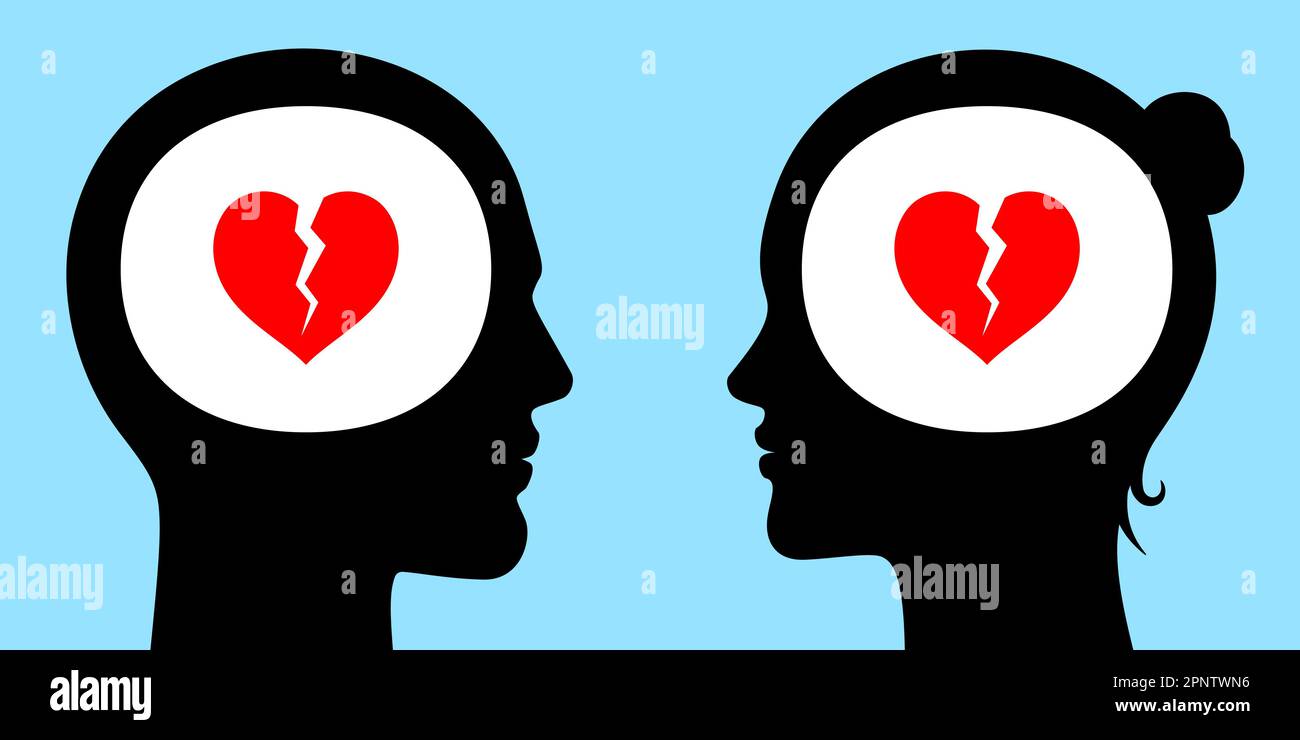 Broken relations concept vector illustration. Couple with broken hearts looking at each other. Stock Vector