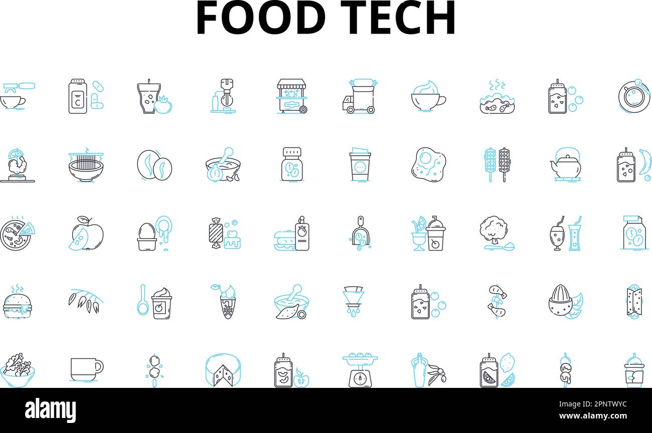 Food tech linear icons set. Automation, Biodegradable, Biosensors, Blockchain, Co-packaging, Cultured, Delivery vector symbols and line concept signs Stock Vector