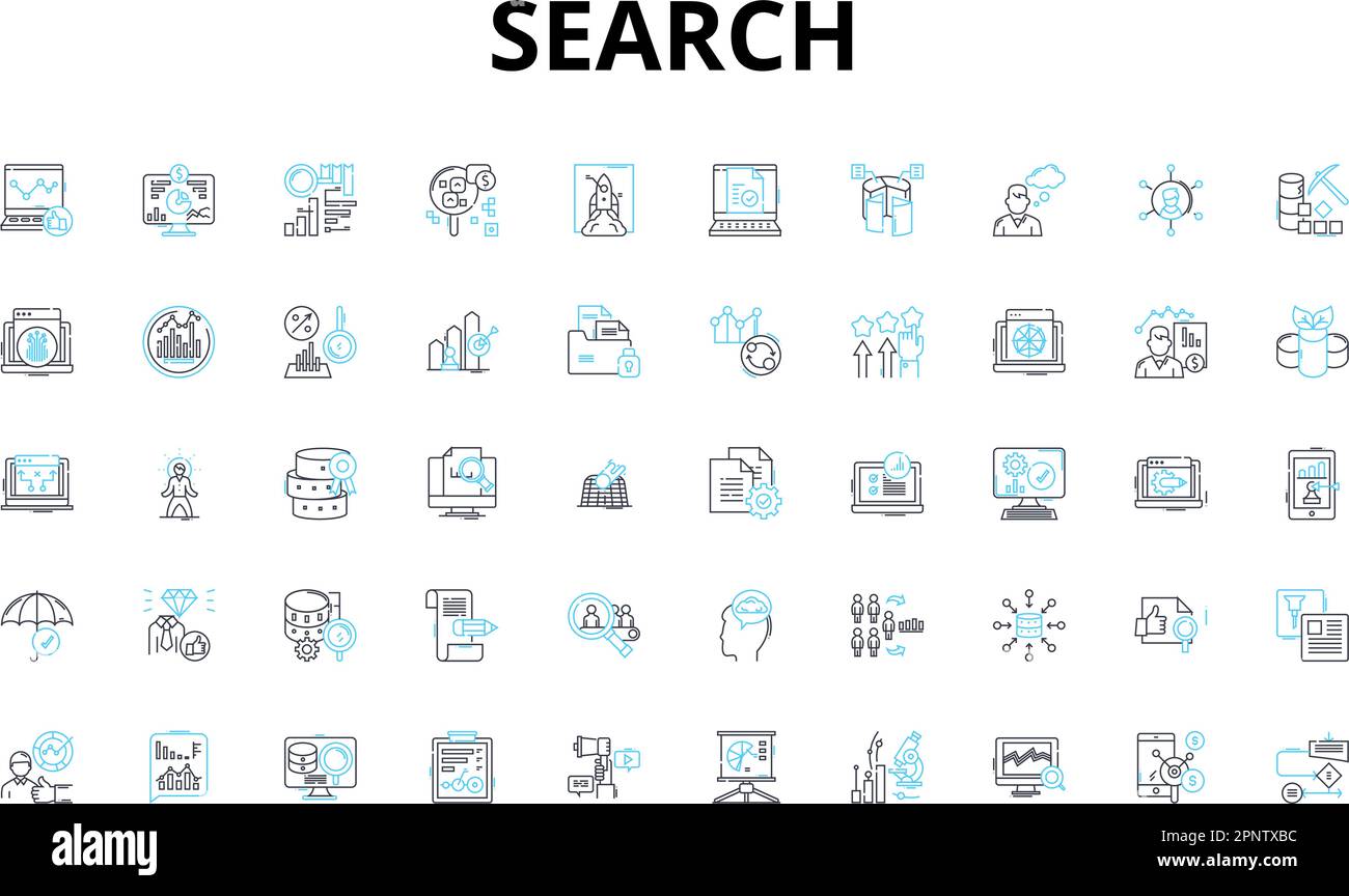 Search linear icons set. Query, Explore, Lookout, Hunt, Probe, Investigate, Scrutinize vector symbols and line concept signs. Analyze,Dig,Browse Stock Vector
