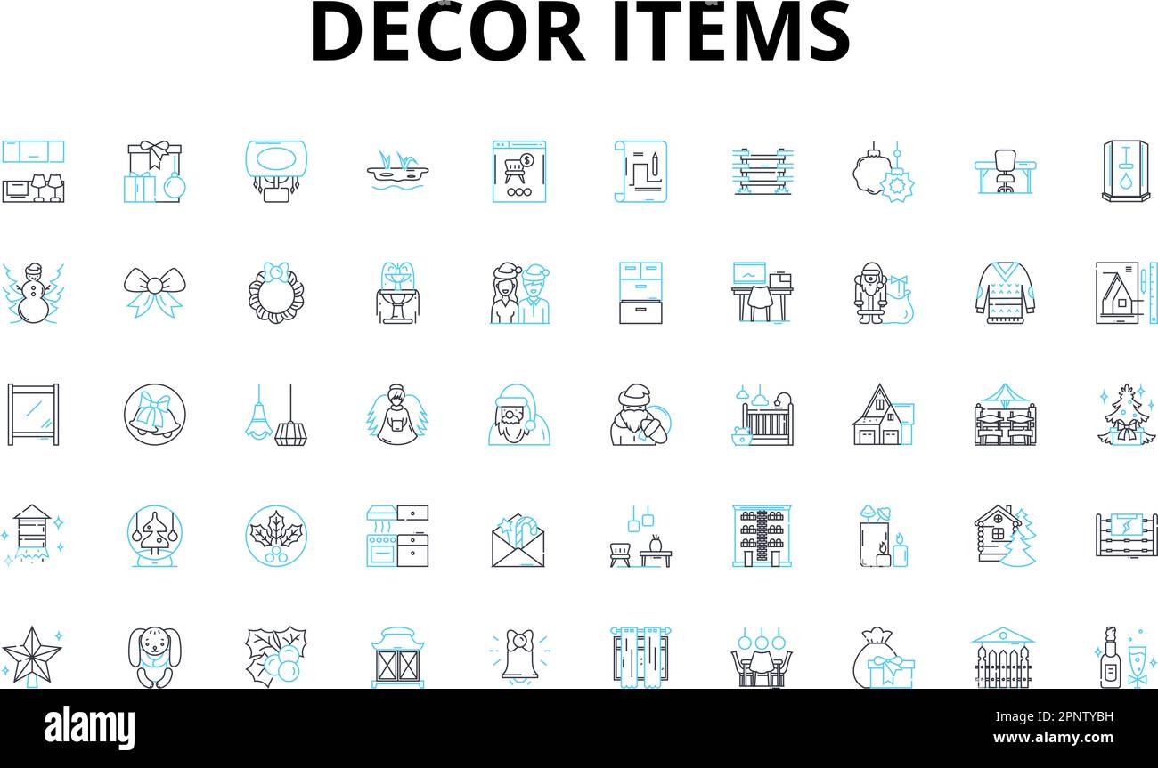 Decor items linear icons set. Vase, Pillow, Lamp, Rug, Tablecloth, Shelves, Arrk vector symbols and line concept signs. Pottery,Clock,Curtain Stock Vector