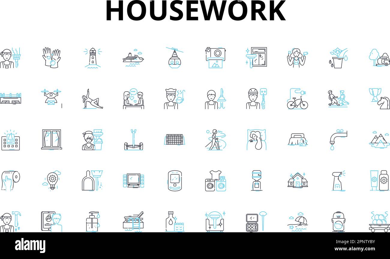 Housework linear icons set. Cleaning, Laundry, Cooking, Dishes, Mopping