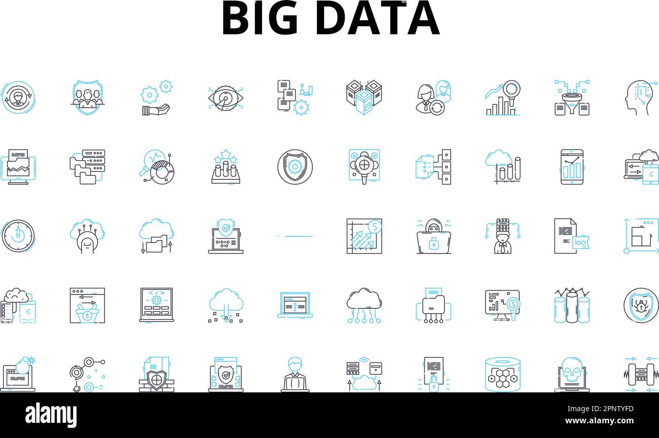 Big data linear icons set. Analytics, Insights, Volume, Velocity, Variety, Cloud, Machine vector symbols and line concept signs. Learning,Predictive Stock Vector