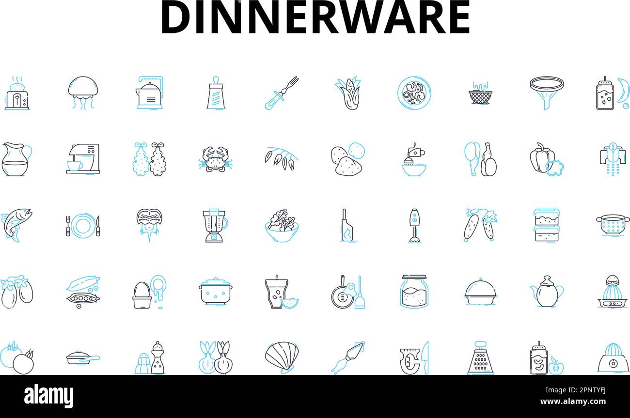 Dinnerware linear icons set. Plates, Bowls, Cups, Saucers, Mugs, Serving dishes, Chargers vector symbols and line concept signs. Coasters,Napkin rings Stock Vector