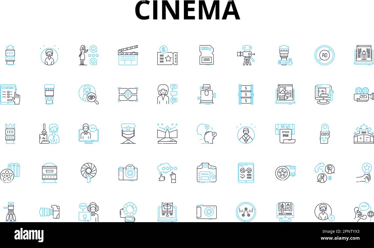 Cinema linear icons set. Film, Action, Drama, Comedy, Romance, Thriller, Horror vector symbols and line concept signs. Adventure,Sci-fi,Fantasy Stock Vector